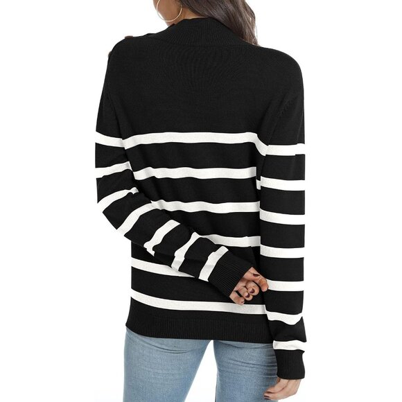 Women Knit Sweater Long Sleeve Turtleneck Color Block Striped Casual Top - Picture 3 of 5